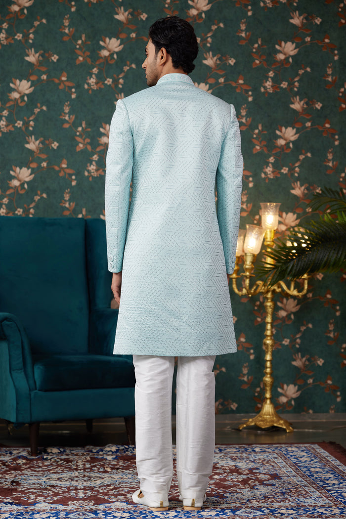 Powder Blue Art Silk Sherwani Set
