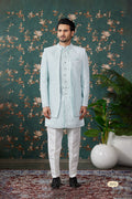 Powder Blue Art Silk Three Piece Sherwani Set