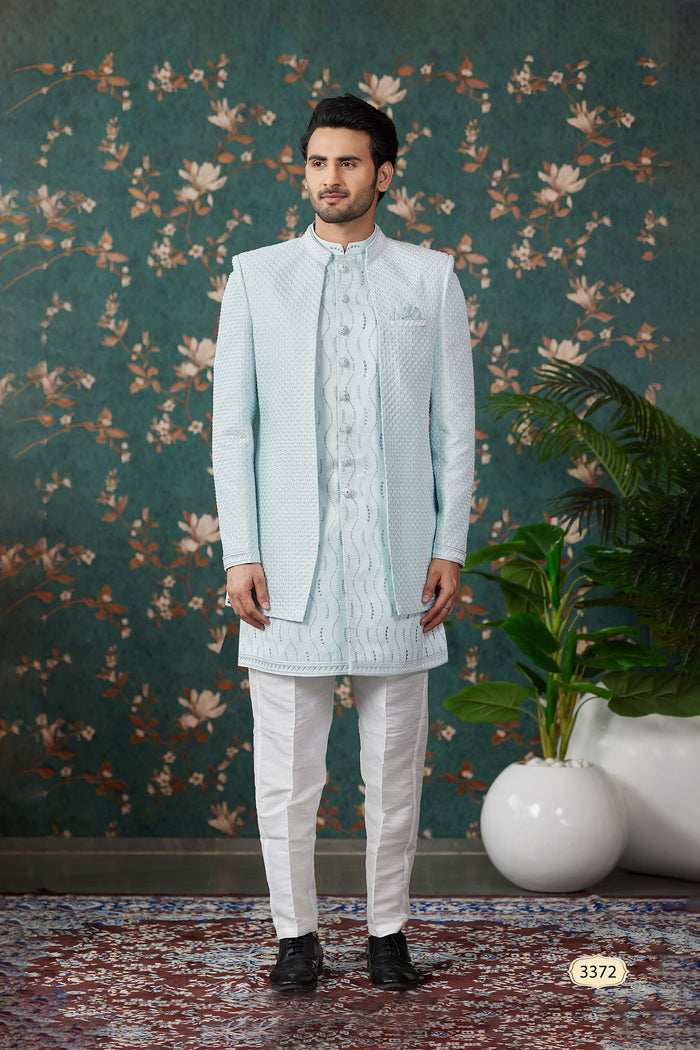 Powder Blue Art Silk Three Piece Sherwani Set