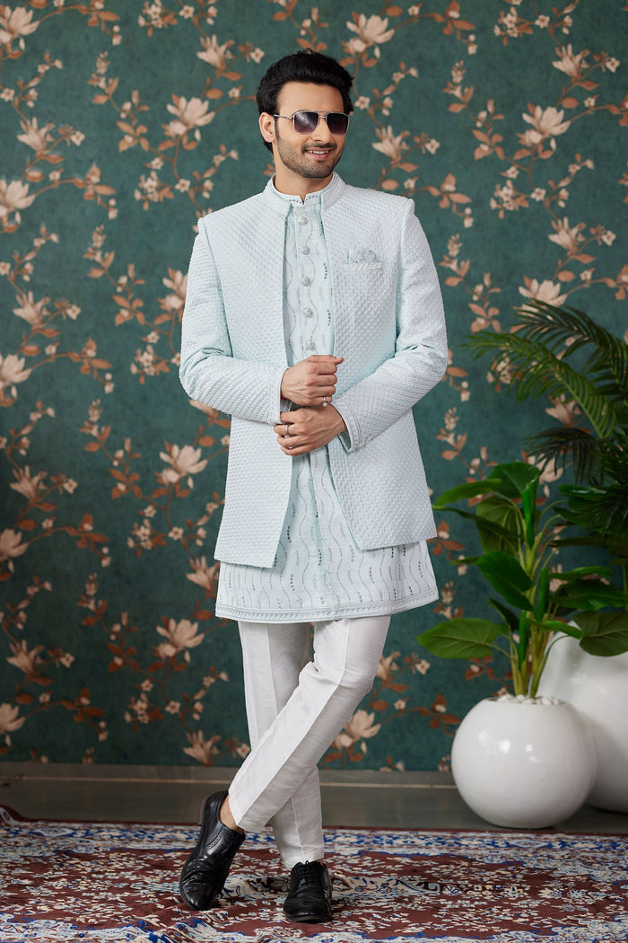 Powder Blue Art Silk Three Piece Sherwani Set
