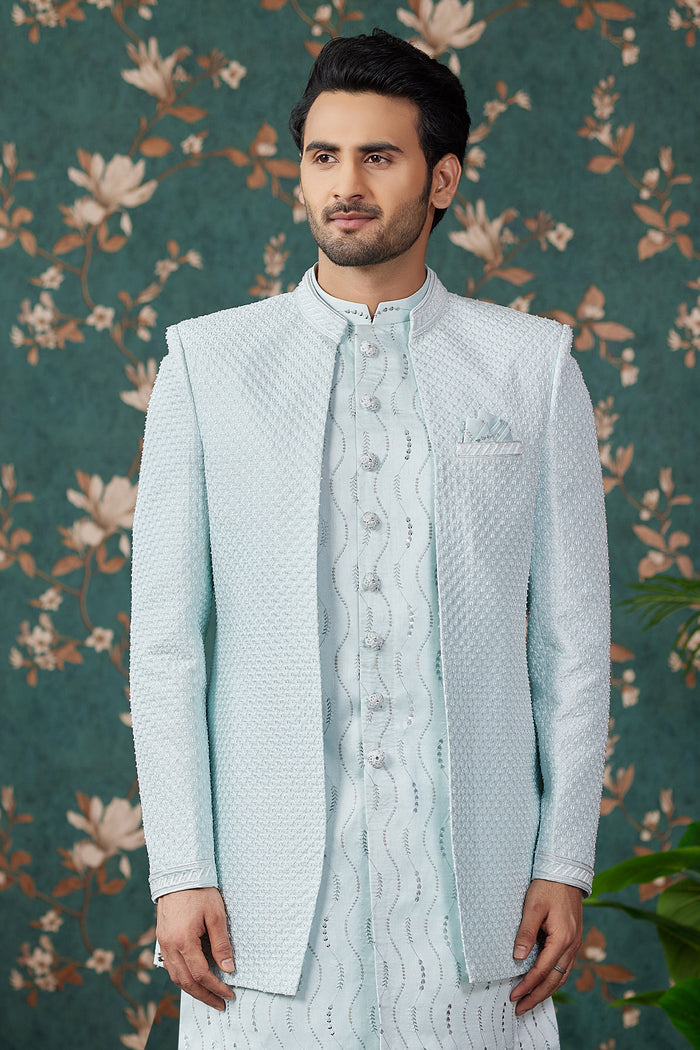 Powder Blue Art Silk Three Piece Sherwani Set