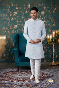 Powder Blue Art Silk Two Piece Sherwani Set