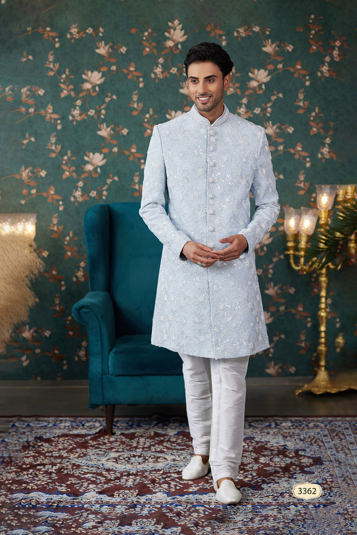 Powder Blue Art Silk Two Piece Sherwani Set
