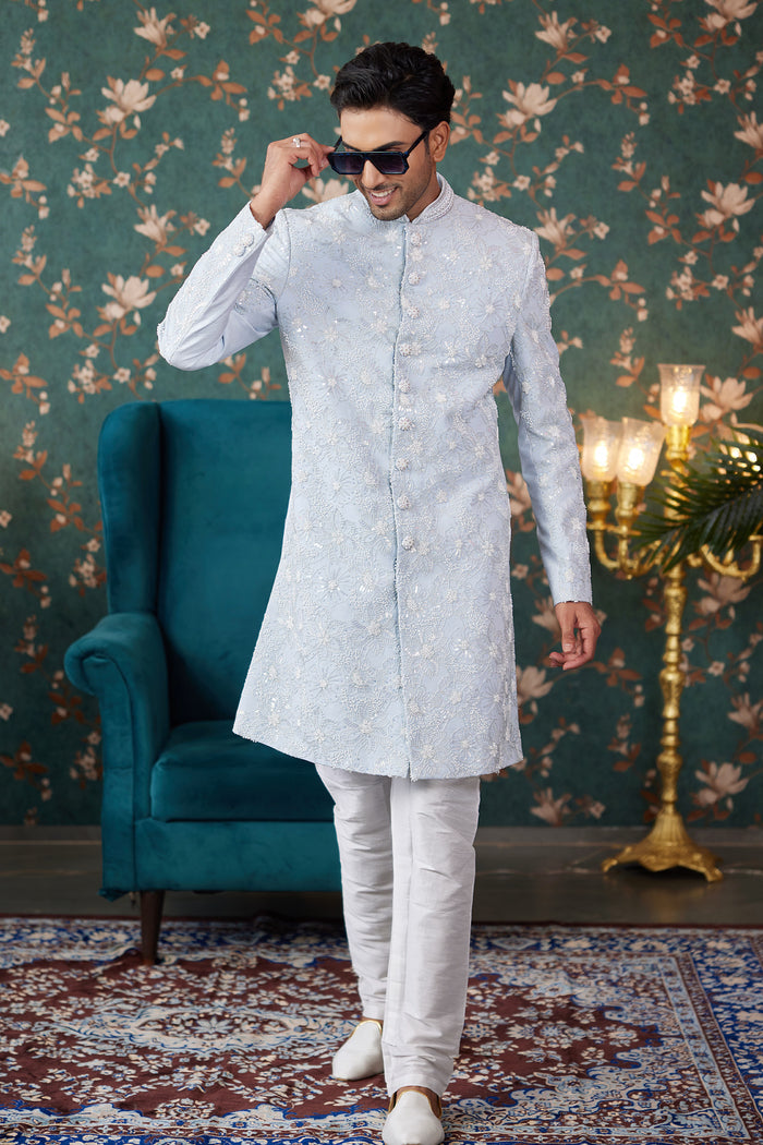 Powder Blue Art Silk Two Piece Sherwani Set