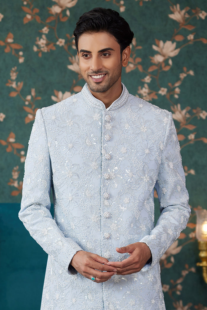 Powder Blue Art Silk Two Piece Sherwani Set