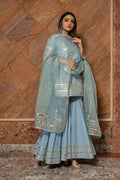Powder Blue Cotton Indo Western Set With Gold Striped Peplum