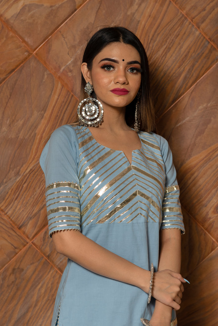 Powder Blue Cotton Indo Western Set With Gold Striped Peplum