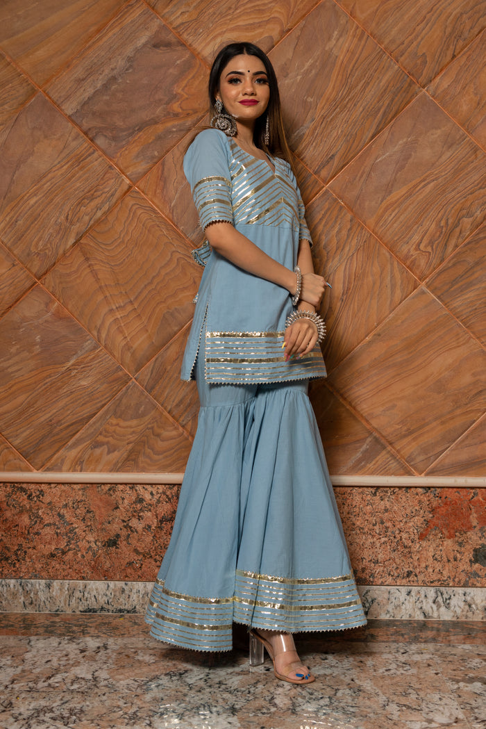 Powder Blue Cotton Indo Western Set With Gold Striped Peplum