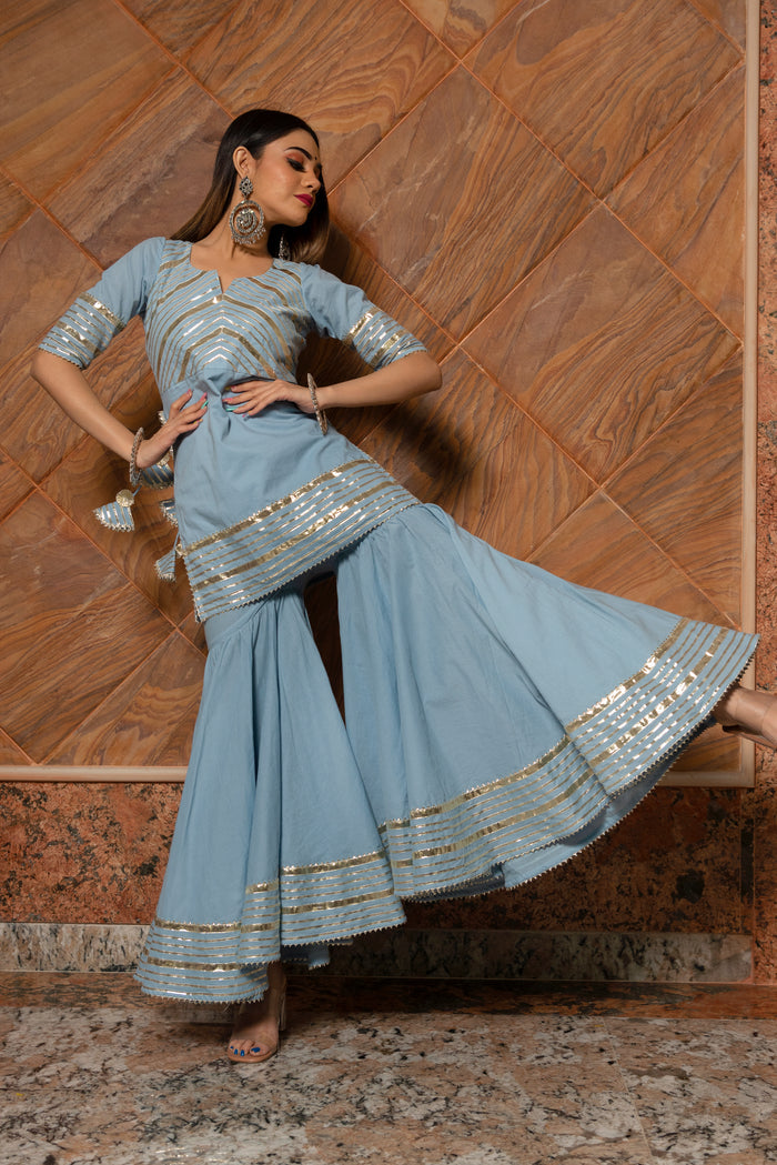 Powder Blue Cotton Indo Western Set With Gold Striped Peplum