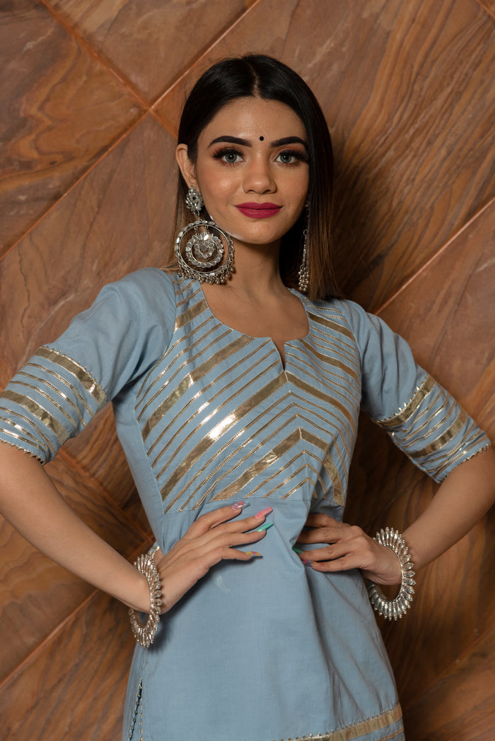 Powder Blue Cotton Indo Western Set With Gold Striped Peplum