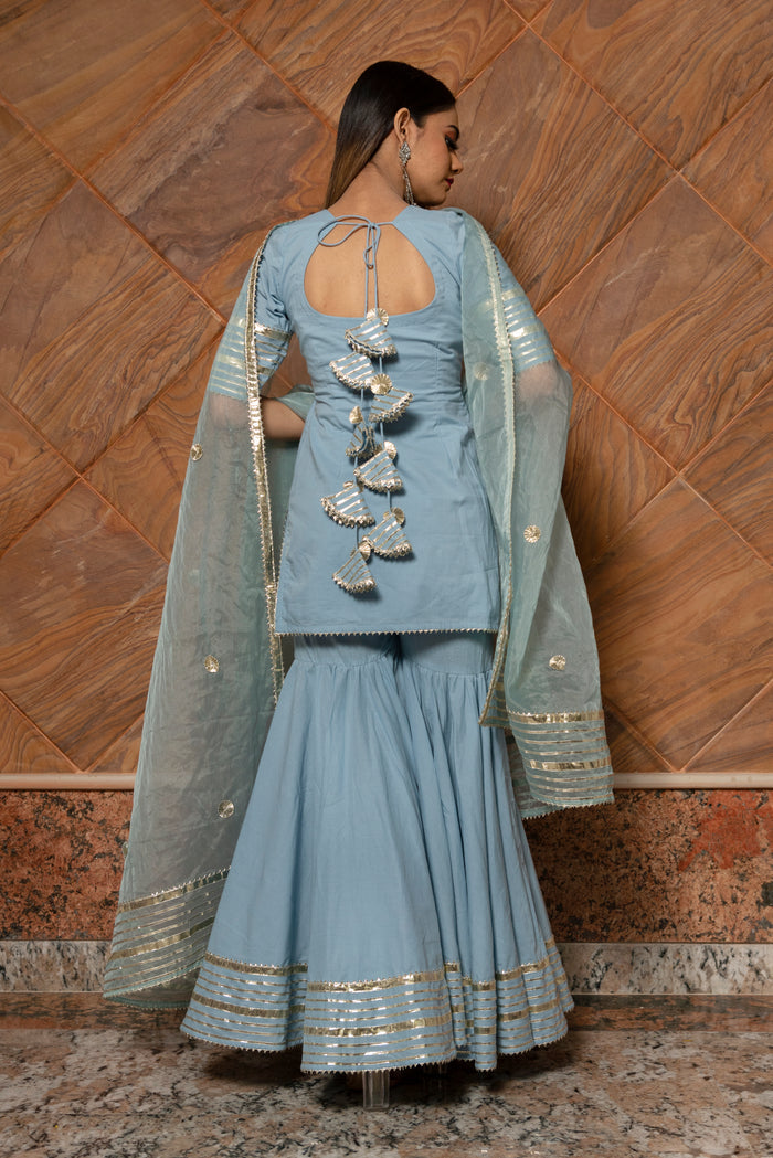 Powder Blue Cotton Indo Western Set With Gold Striped Peplum