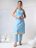 Powder Blue Cotton Salwar Set With Metallic Silver Hem