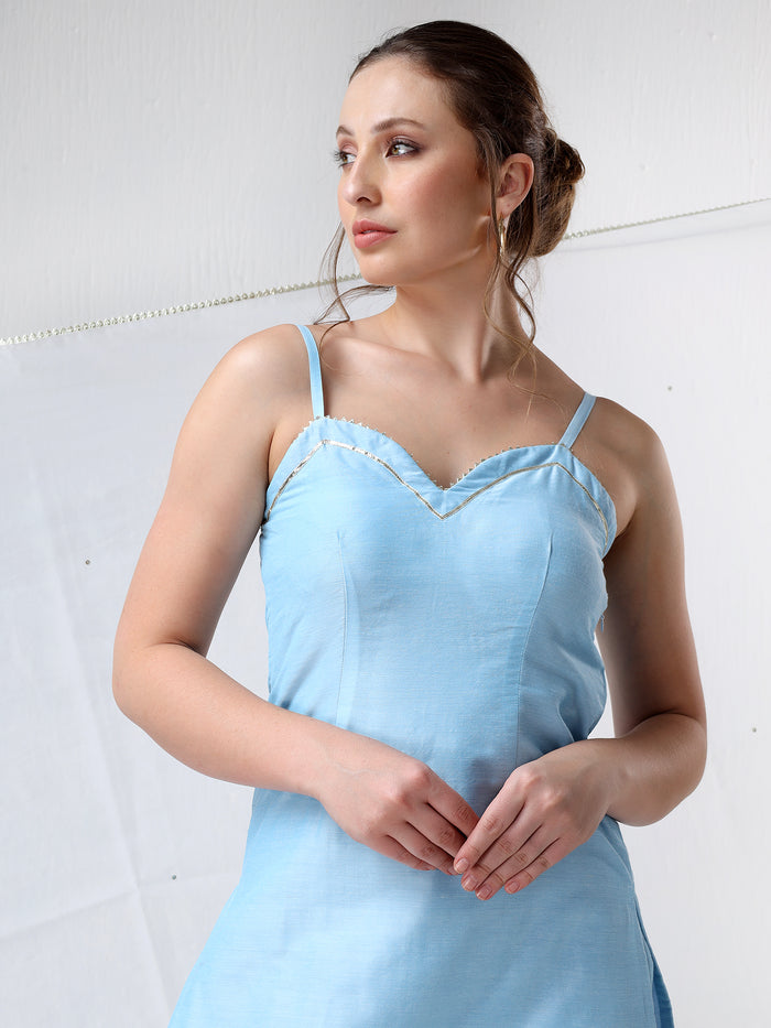 Powder Blue Cotton Salwar Set With Metallic Silver Hem