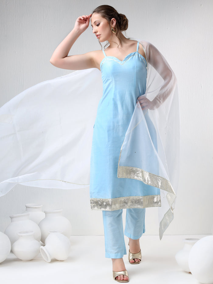 Powder Blue Cotton Salwar Set With Metallic Silver Hem