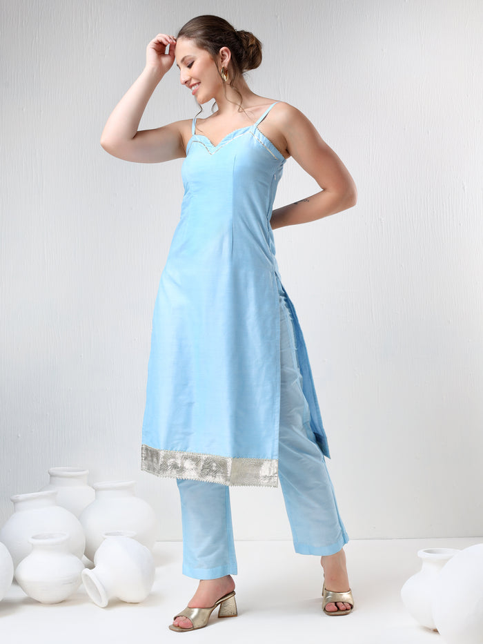 Powder Blue Cotton Salwar Set With Metallic Silver Hem