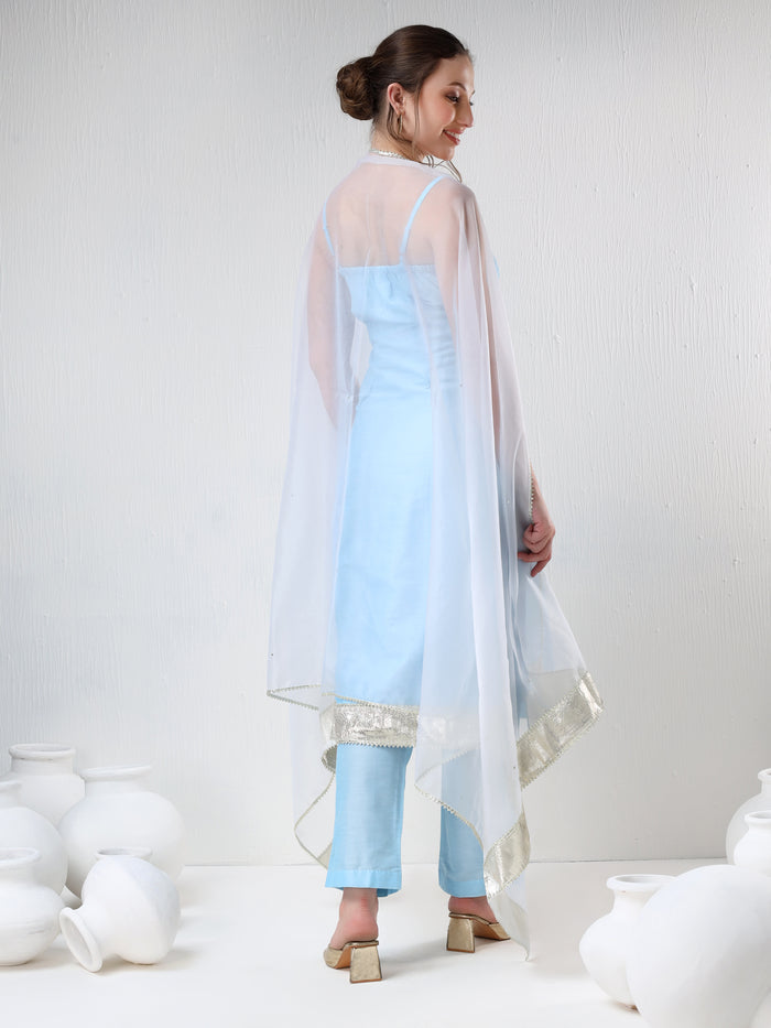Powder Blue Cotton Salwar Set With Metallic Silver Hem