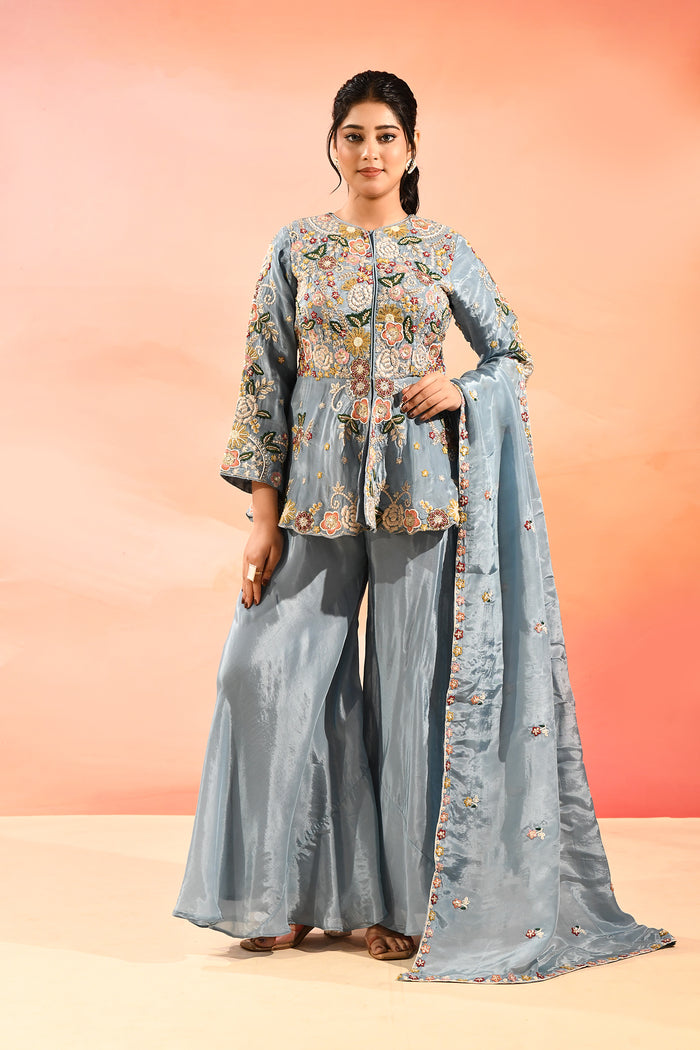Powder Blue Embroidered Tissue Peplum Set