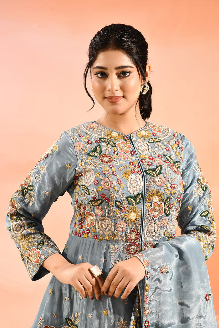 Powder Blue Embroidered Tissue Peplum Set