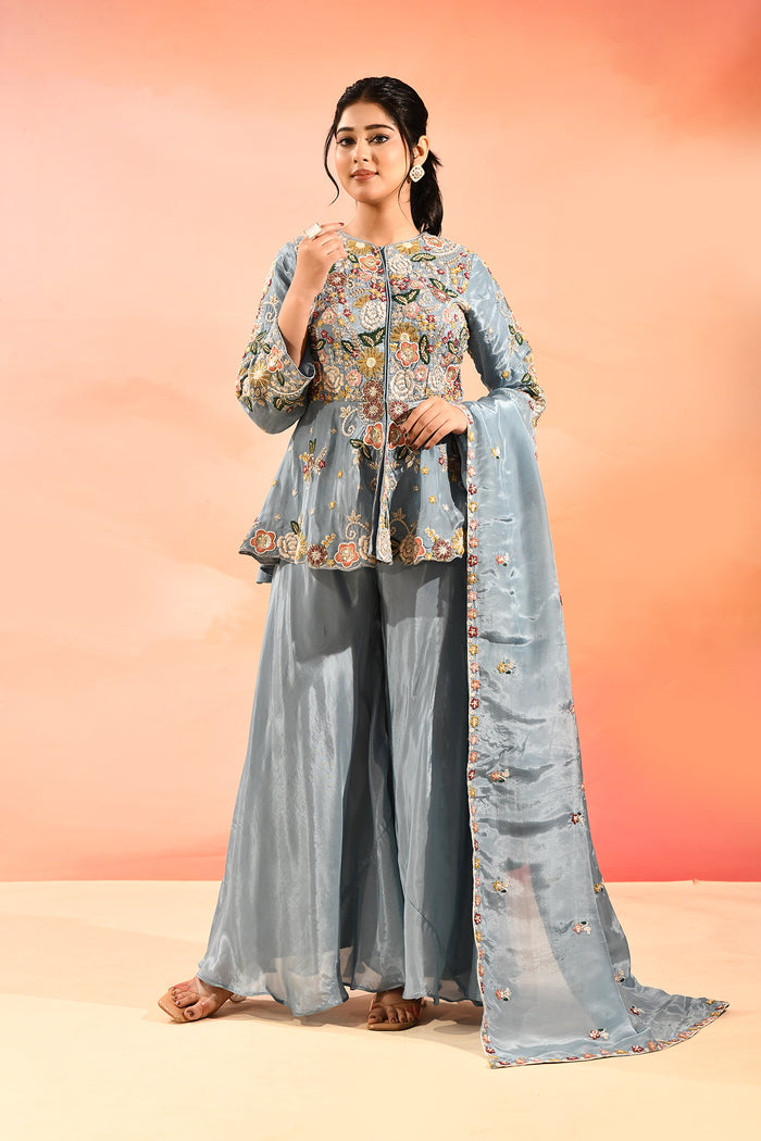 Powder Blue Embroidered Tissue Peplum Set
