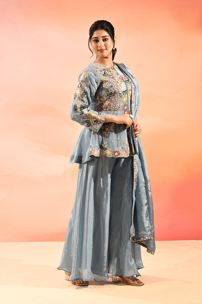 Powder Blue Embroidered Tissue Peplum Set