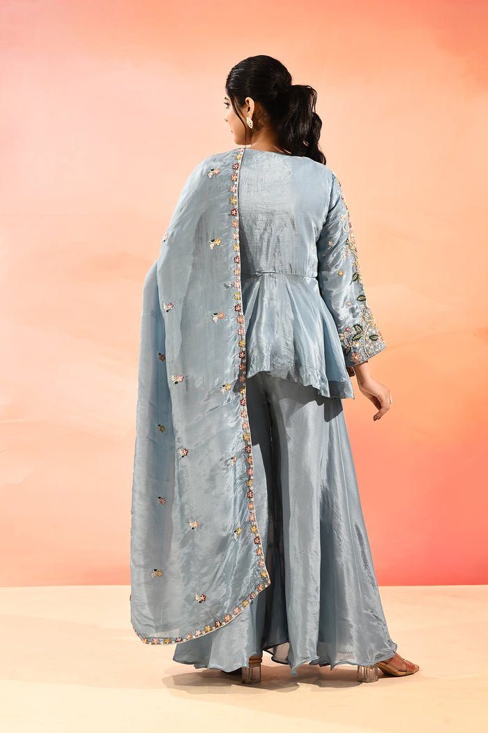 Powder Blue Embroidered Tissue Peplum Set