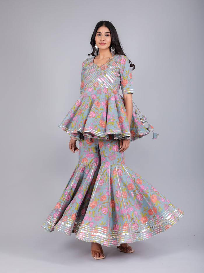 Powder Blue Floral Peplum Sharara Indo Western Set