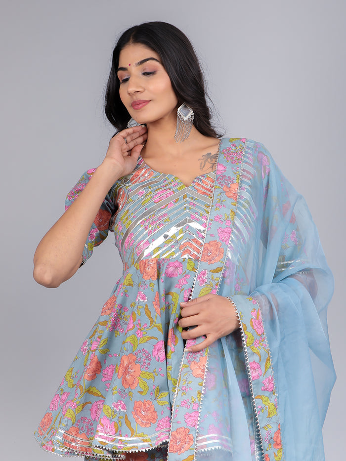 Powder Blue Floral Peplum Sharara Indo Western Set