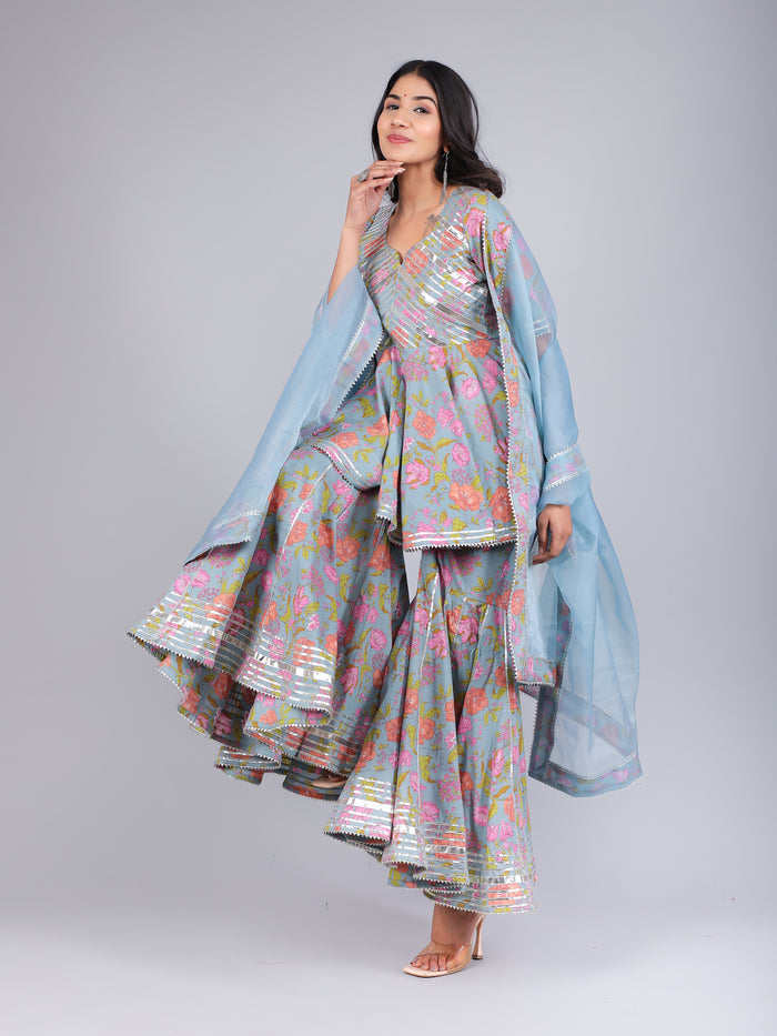 Powder Blue Floral Peplum Sharara Indo Western Set