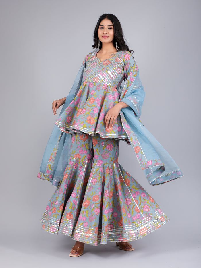 Powder Blue Floral Peplum Sharara Indo Western Set