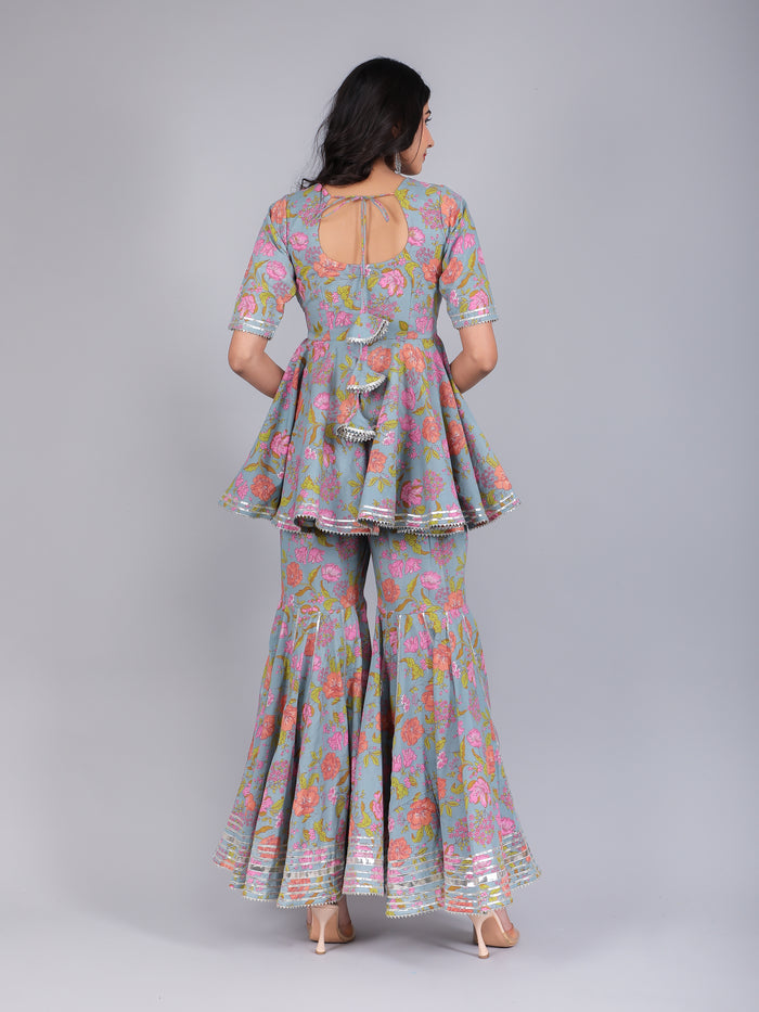 Powder Blue Floral Peplum Sharara Indo Western Set