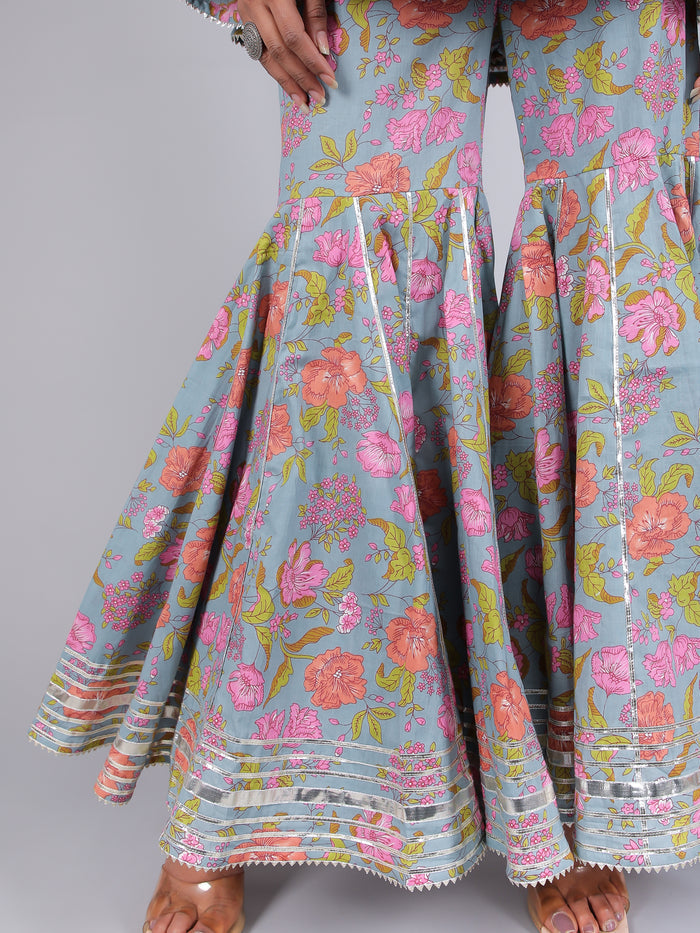 Powder Blue Floral Peplum Sharara Indo Western Set