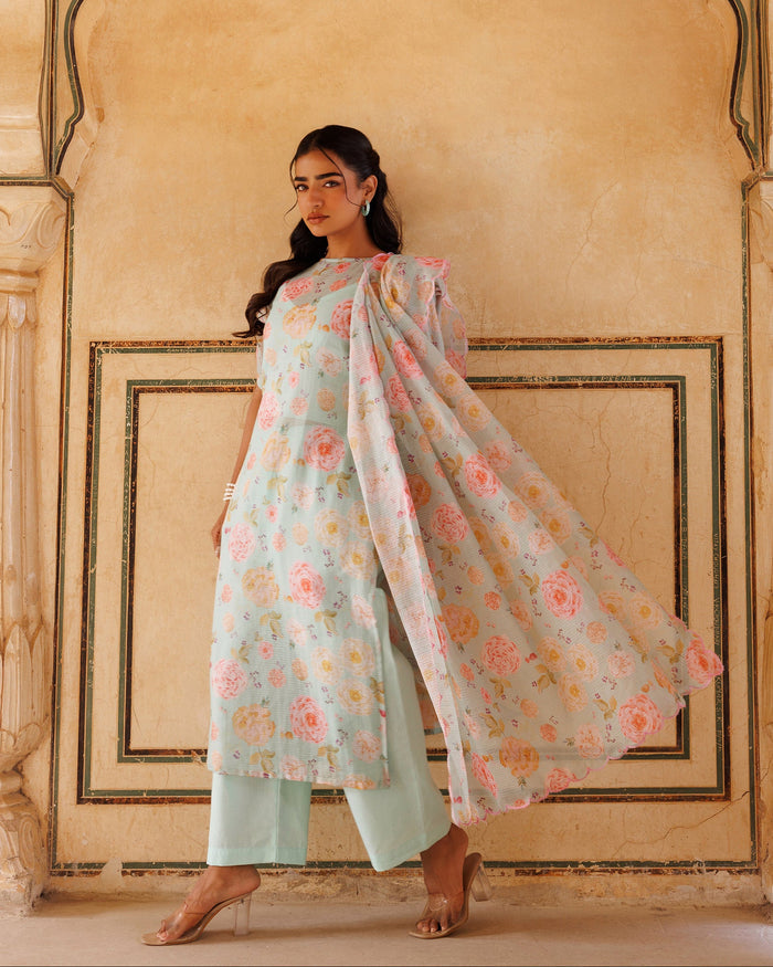 Powder Blue Floral Print Cotton Kurta Set
