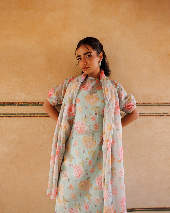 Powder Blue Floral Print Cotton Kurta Set