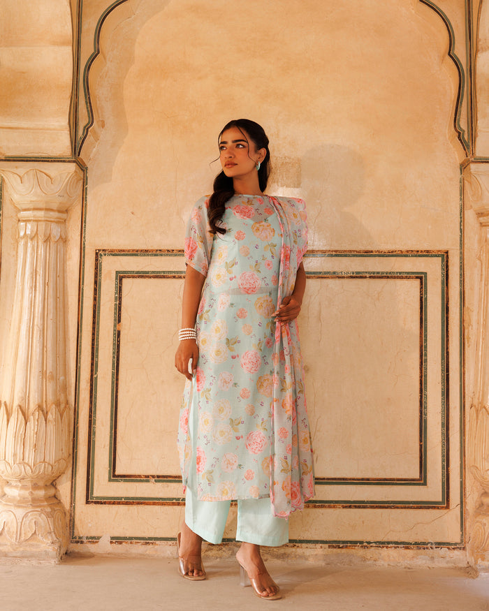 Powder Blue Floral Print Cotton Kurta Set