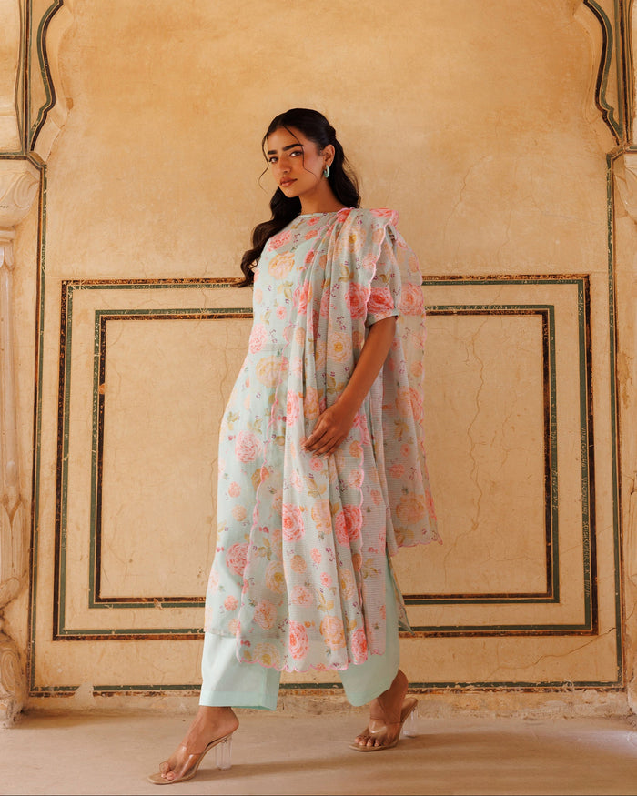 Powder Blue Floral Print Cotton Kurta Set