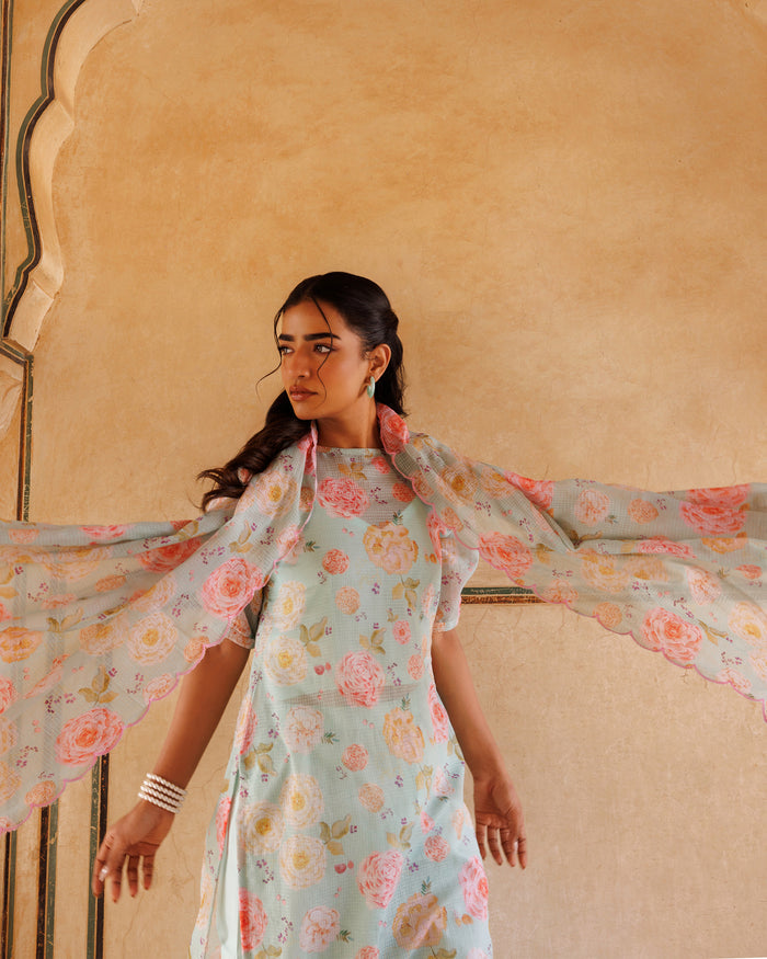 Powder Blue Floral Print Cotton Kurta Set
