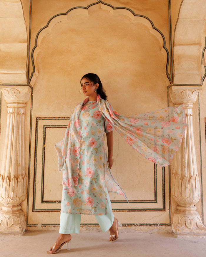 Powder Blue Floral Print Cotton Kurta Set