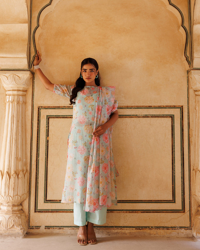 Powder Blue Floral Print Cotton Kurta Set