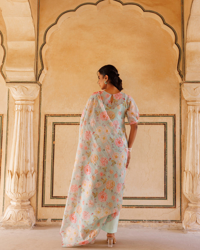 Powder Blue Floral Print Cotton Kurta Set