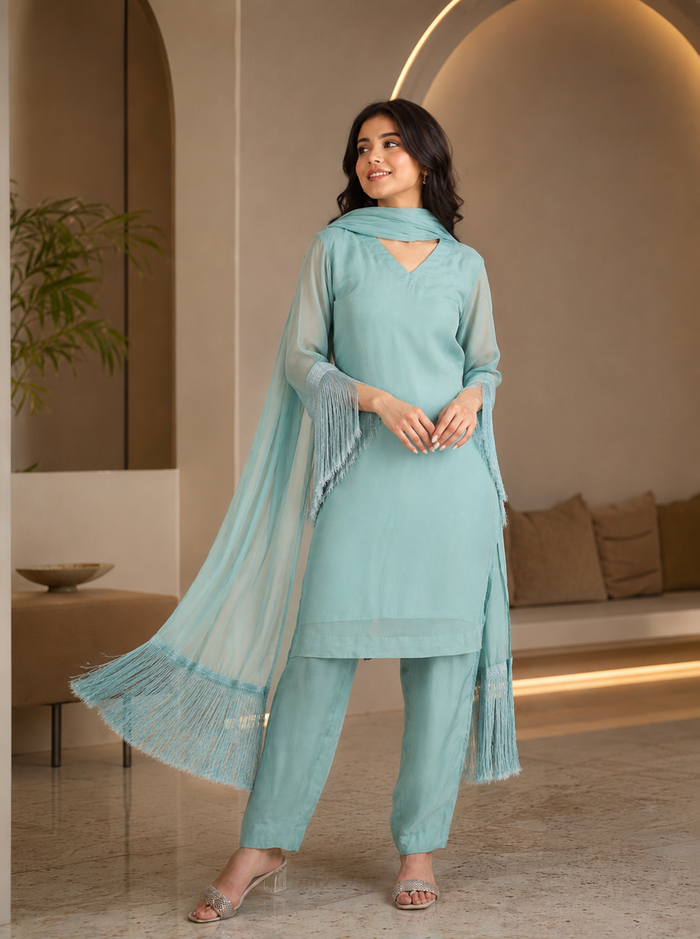 Powder Blue Georgette Kurti With Fringe Dupatta