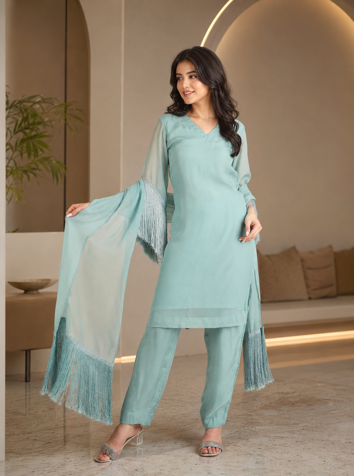 Powder Blue Georgette Kurti With Fringe Dupatta