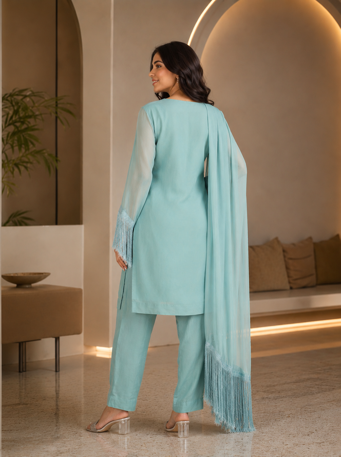 Powder Blue Georgette Kurti With Fringe Dupatta