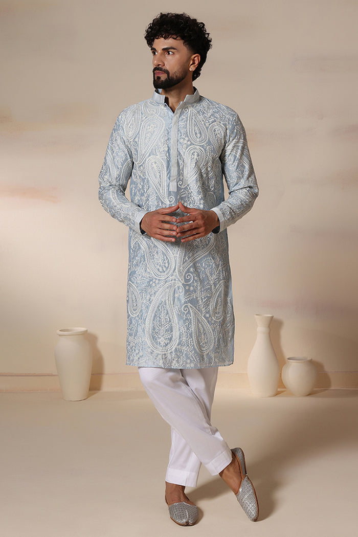 Powder Blue Paisley Aari Kurta