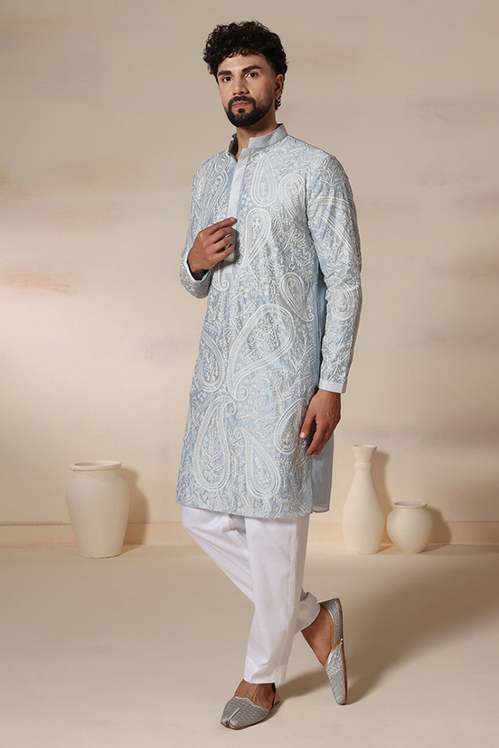 Powder Blue Paisley Aari Kurta