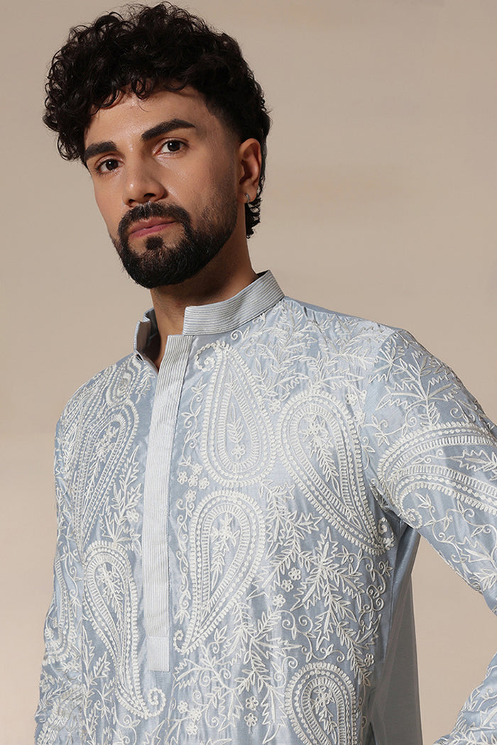 Powder Blue Paisley Aari Kurta