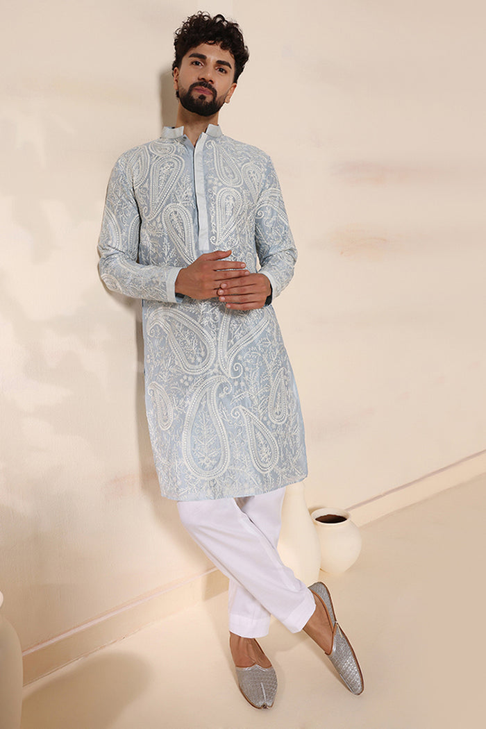 Powder Blue Paisley Aari Kurta