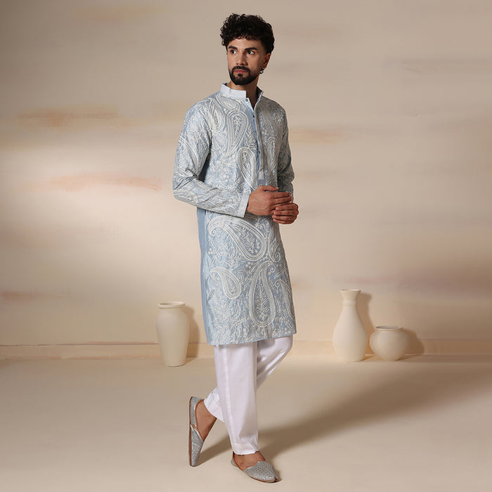 Powder Blue Paisley Aari Kurta