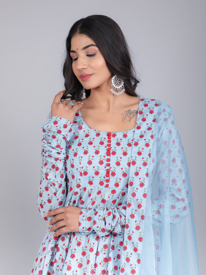 Powder Blue Rosette Anarkali Set