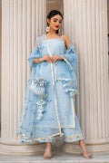 Powder Blue Silk Blend Salwar Set With Floral Organza Dupatta