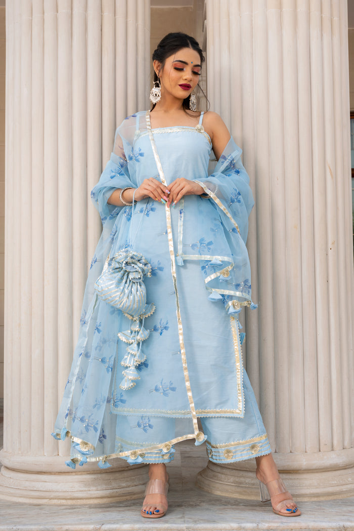 Powder Blue Silk Blend Salwar Set With Floral Organza Dupatta